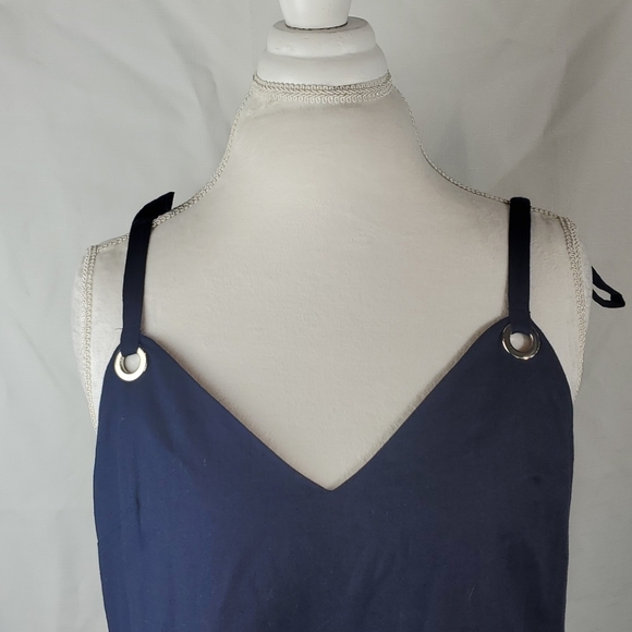 GIANNI BINI NAVY GROMMET FLOUNCE HEMLINE LINEN BLEND DRESS SIZE LARGE - Picture 4 of 10